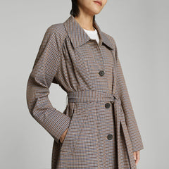 The Gathered Drape Trench | Blue / Brown Houndstooth