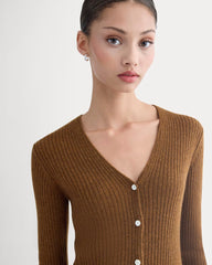 Cashmere Ribbed V-Neck Cardigan | Heathered Toffee