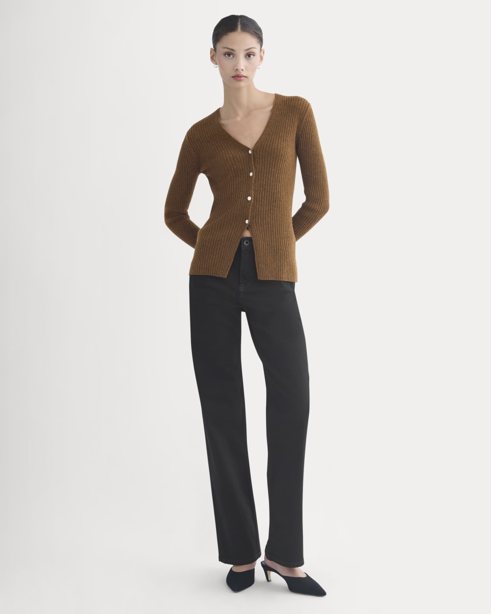 Cashmere Ribbed V-Neck Cardigan | Heathered Toffee
