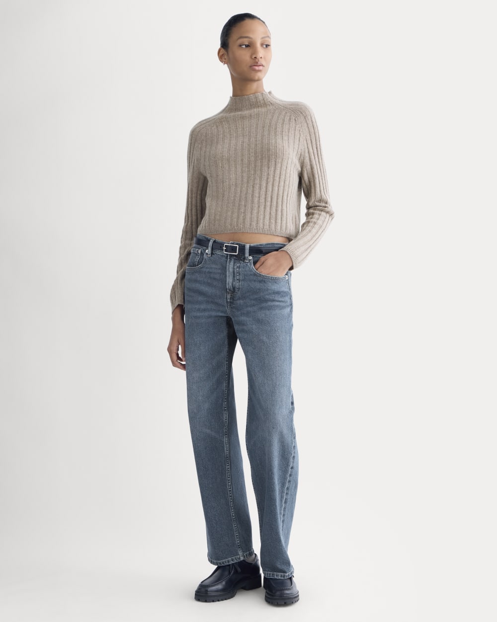 Funnel-Neck Cropped Sweater in Wool Cashmere | Oatmeal