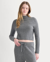 Funnel-Neck Cropped Sweater in Wool Cashmere | Heather Charcoal