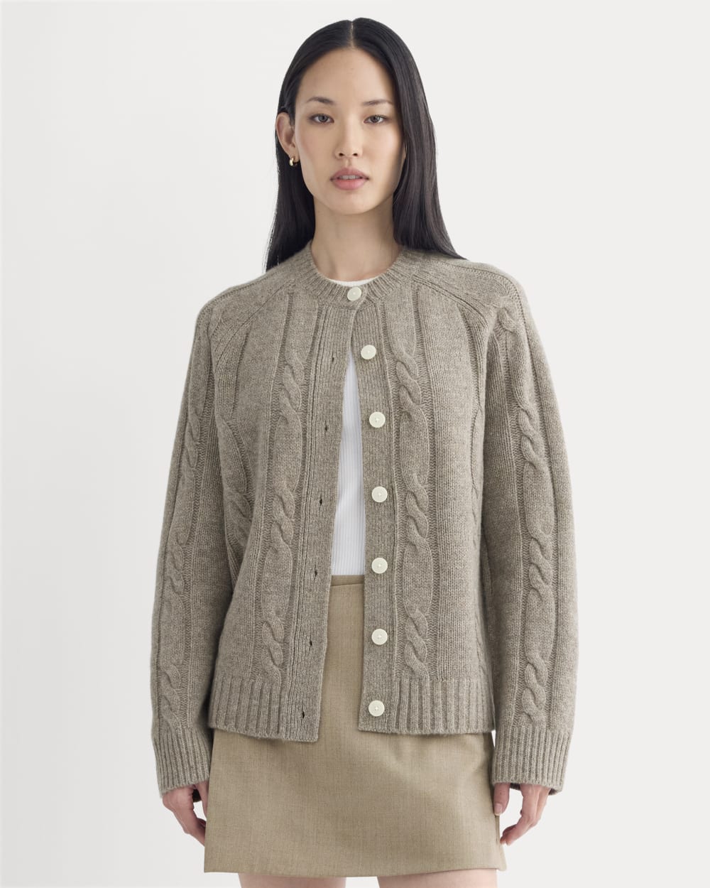 Cable Cardigan in Extrafine Luxe Merino | Heather Soft Taupe