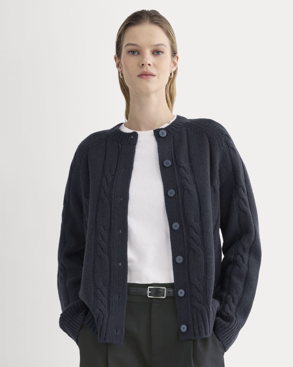 Cable Cardigan in Extrafine Luxe Merino | Navy