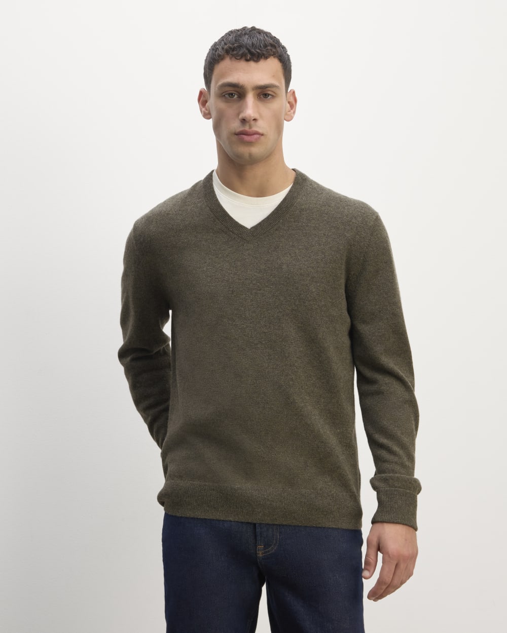 The Cashmere V-Neck Sweater | Heathered Army Green